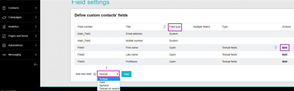 Define contacts field