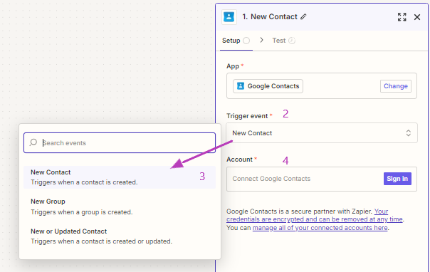 Zapier - Select a trigger - Google contact 2